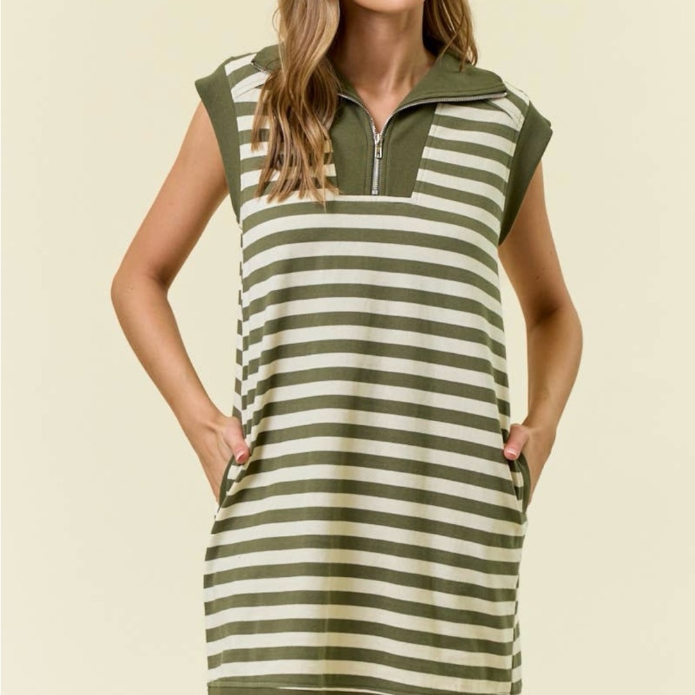 Doe and Rae Striped Olive Green and White Sleeveless Dress Size Small